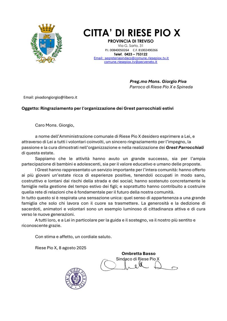 Citta di Riese ringrazia mons Piva