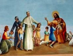 Pio X porta bambini a Gesù con suora di Maria Bambina - affresco di Licini (1953) restaurato da Giuseppe Pupi (1979) nell'asilo di Bojon di Campoolongo M. (Ve)