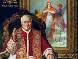 Pio X con alle spalle un quadro raffigurante Santa Filomena, di cui il papa era grande devoto.